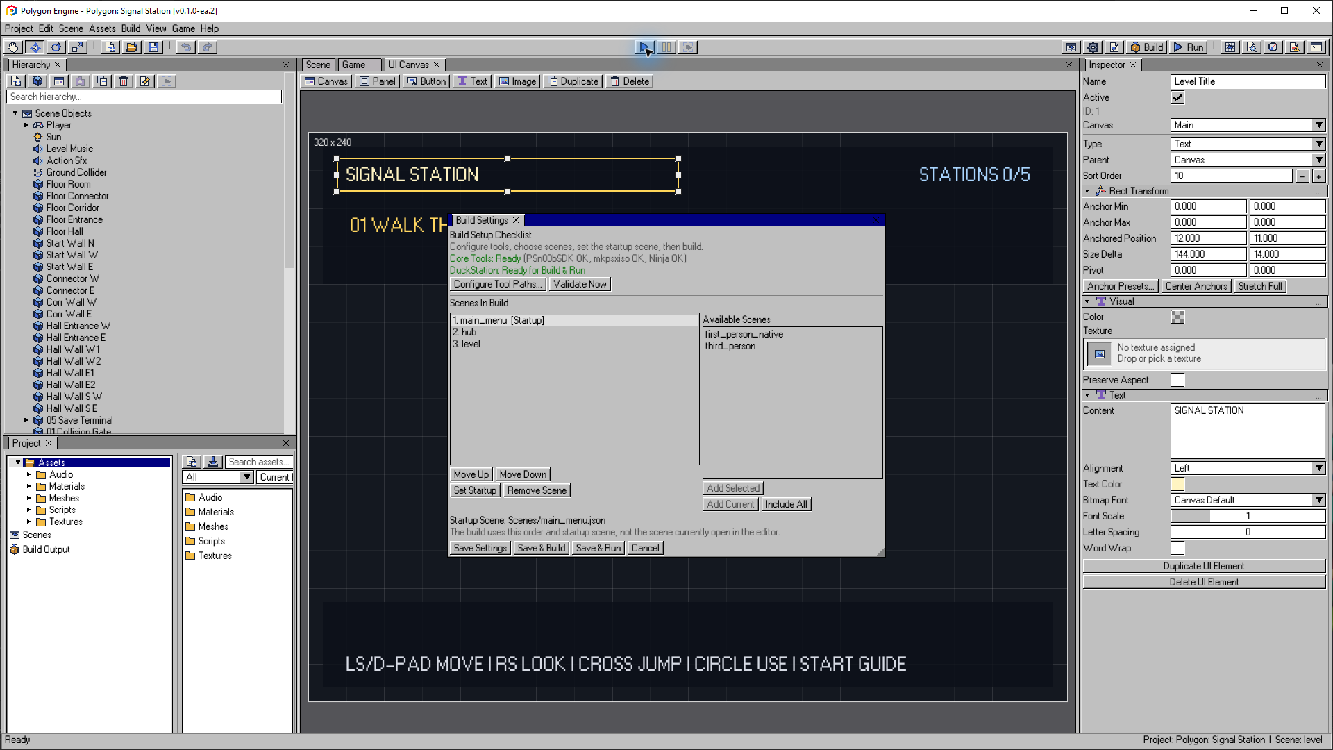 Build Settings showing startup and included scenes before exporting a PS1 game