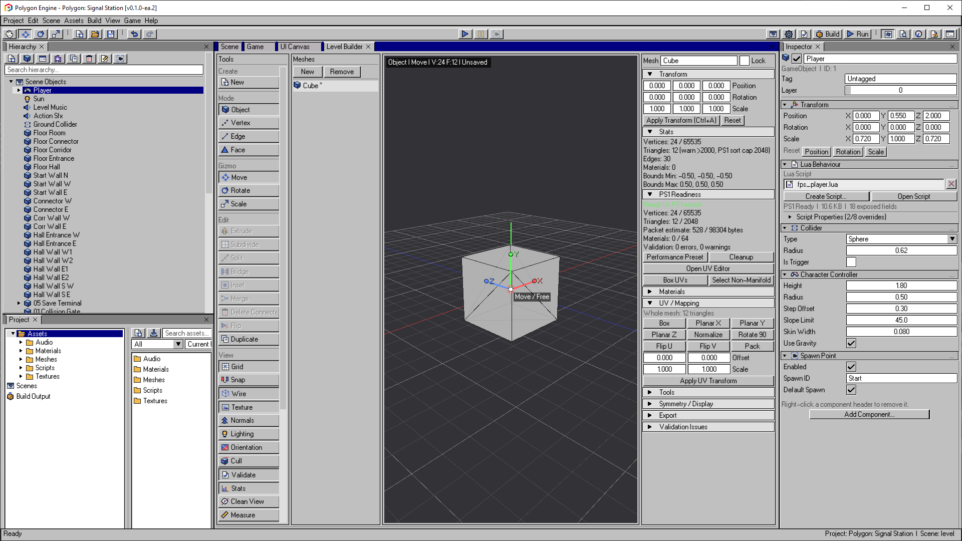 Level Builder with a cube, editing tools, mesh statistics and PS1 Readiness checks