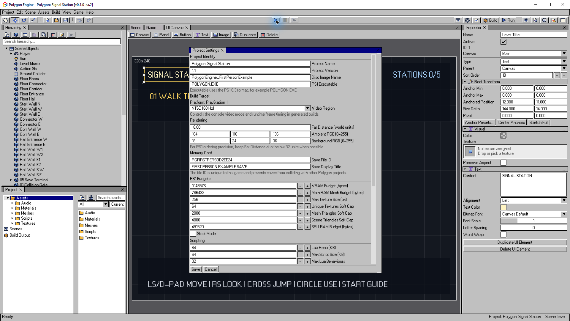 Project Settings showing identity, video region, rendering, memory card and budget fields