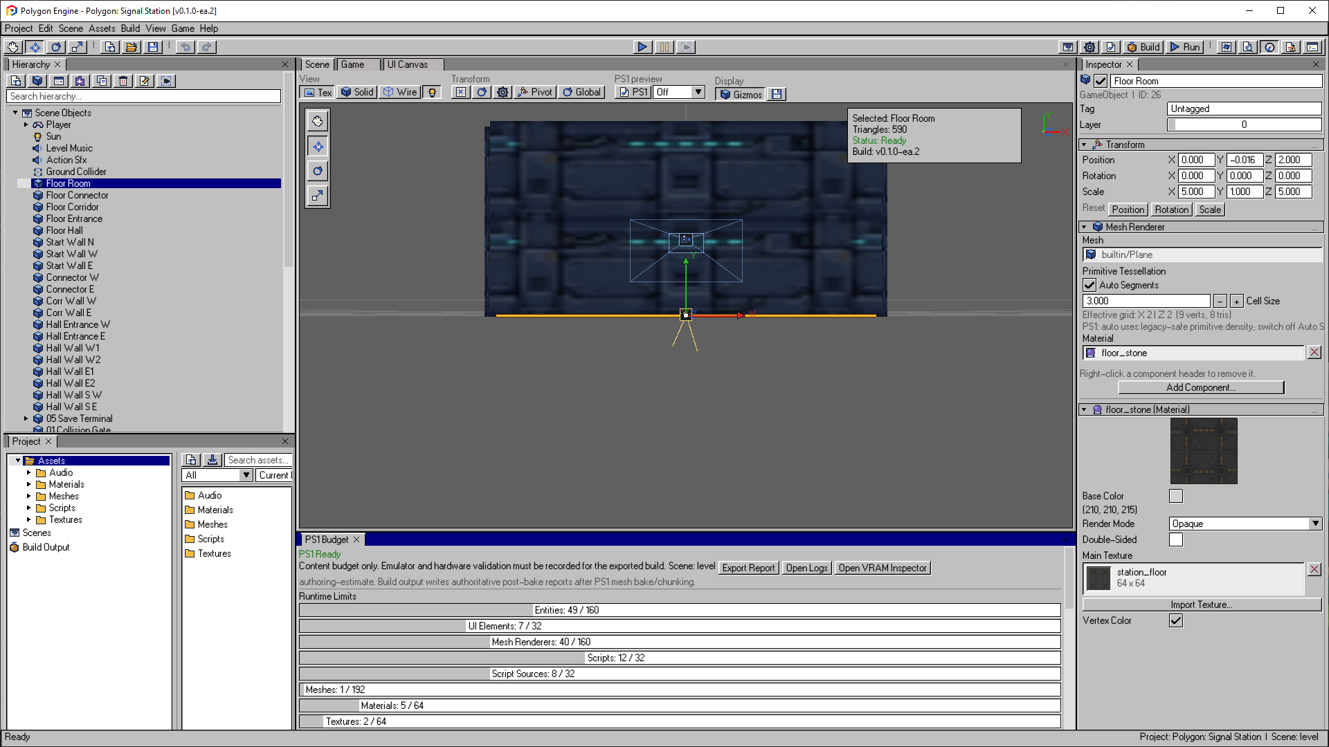 PS1 Budget panel showing entity, UI, script, mesh, material and texture counts