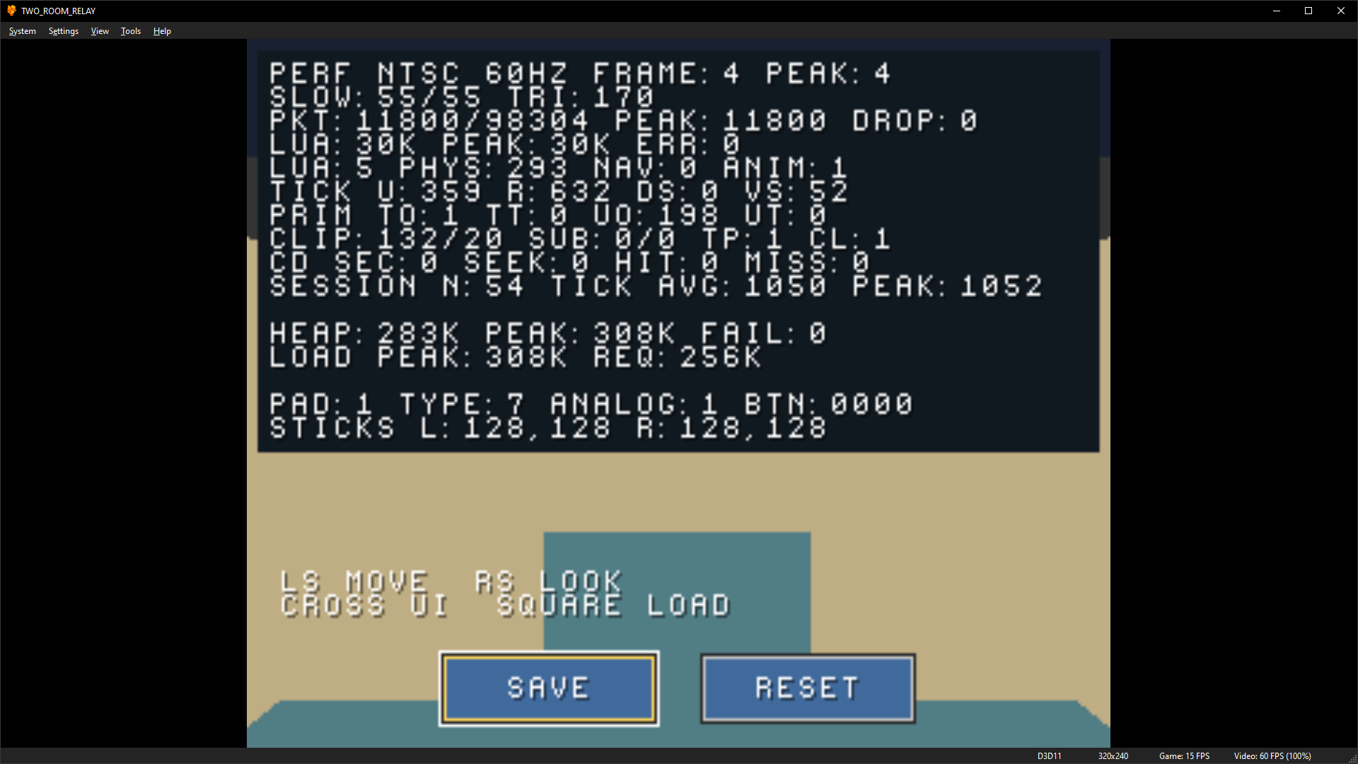 The PS1 runtime performance overlay in Two-Room Relay, showing frame timing, memory and analog controller input.