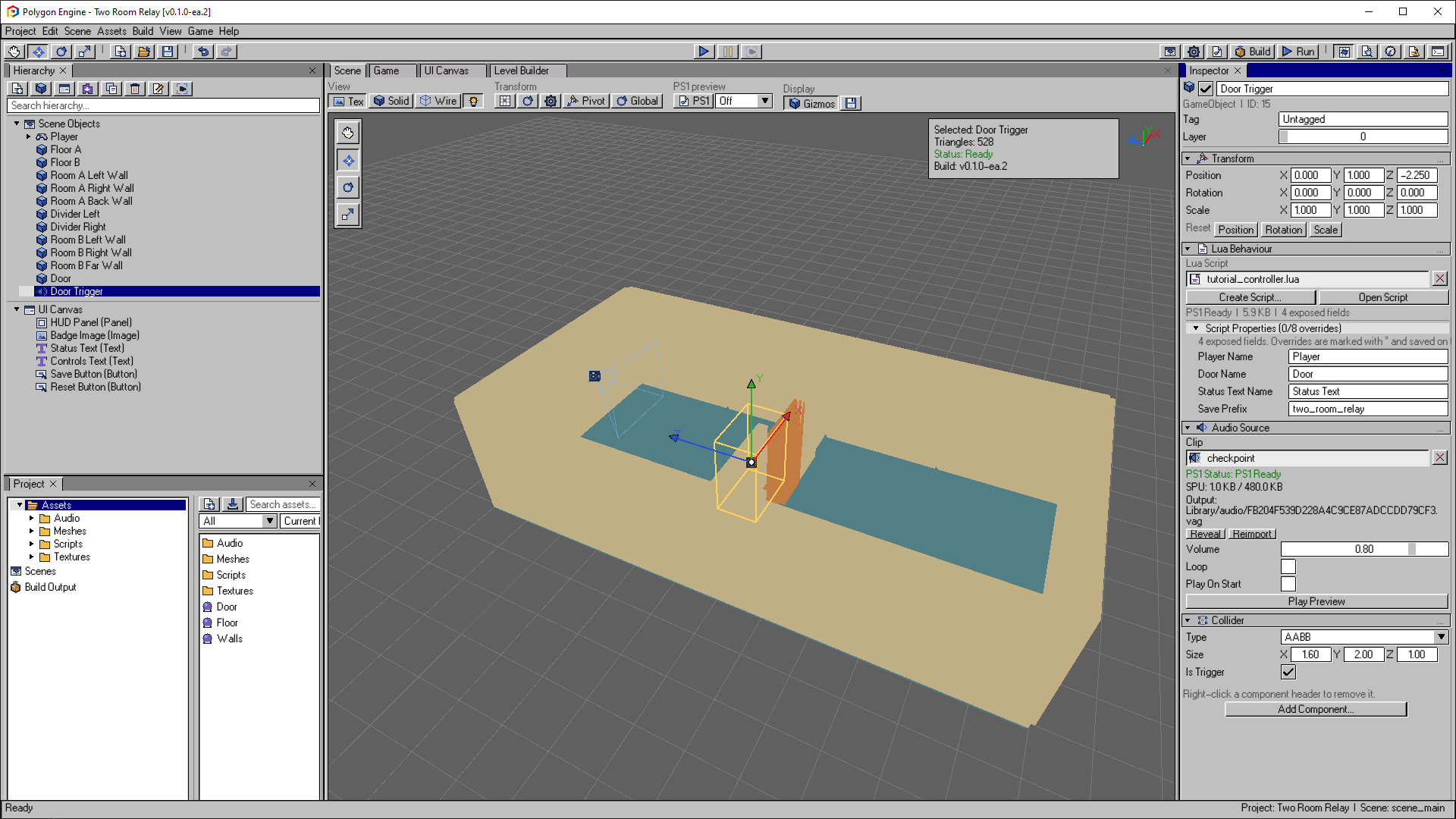 Door Trigger selected in the two-room scene, with its Lua, audio and trigger collider settings visible.