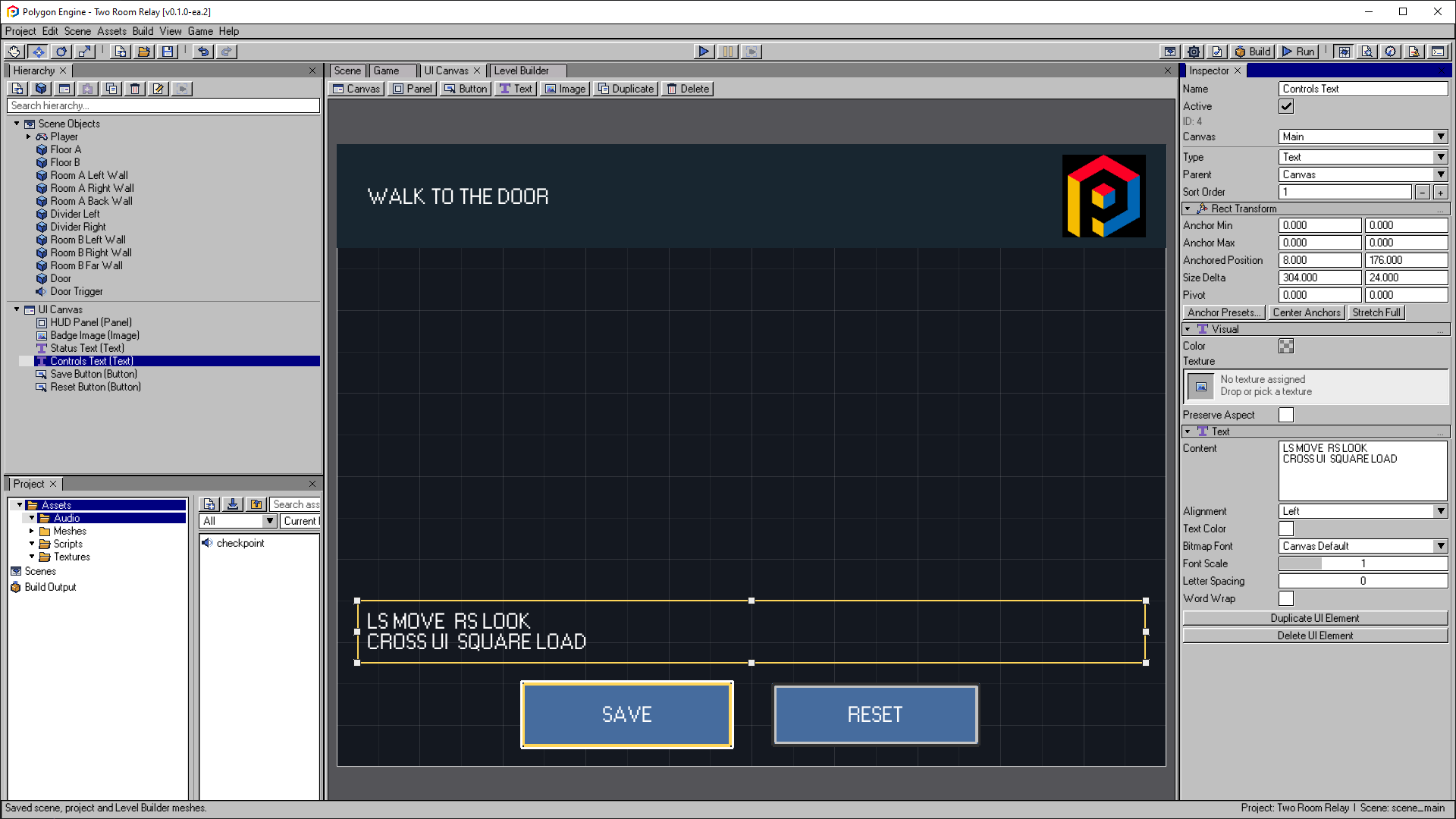 The complete Two-Room Relay HUD in UI Canvas with Controls Text selected