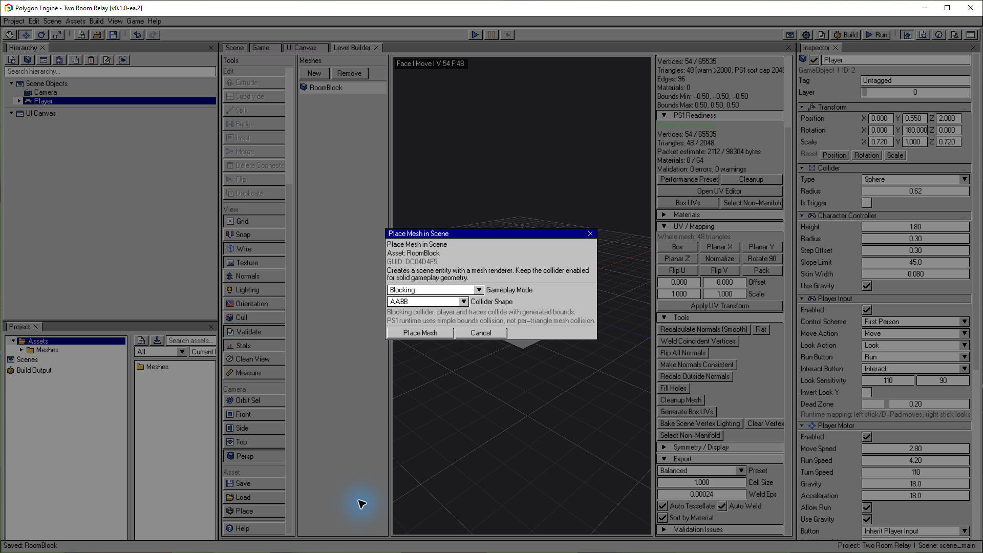 The actual RoomBlock mesh after subdivision with its Place Mesh in Scene dialog set to Blocking and AABB