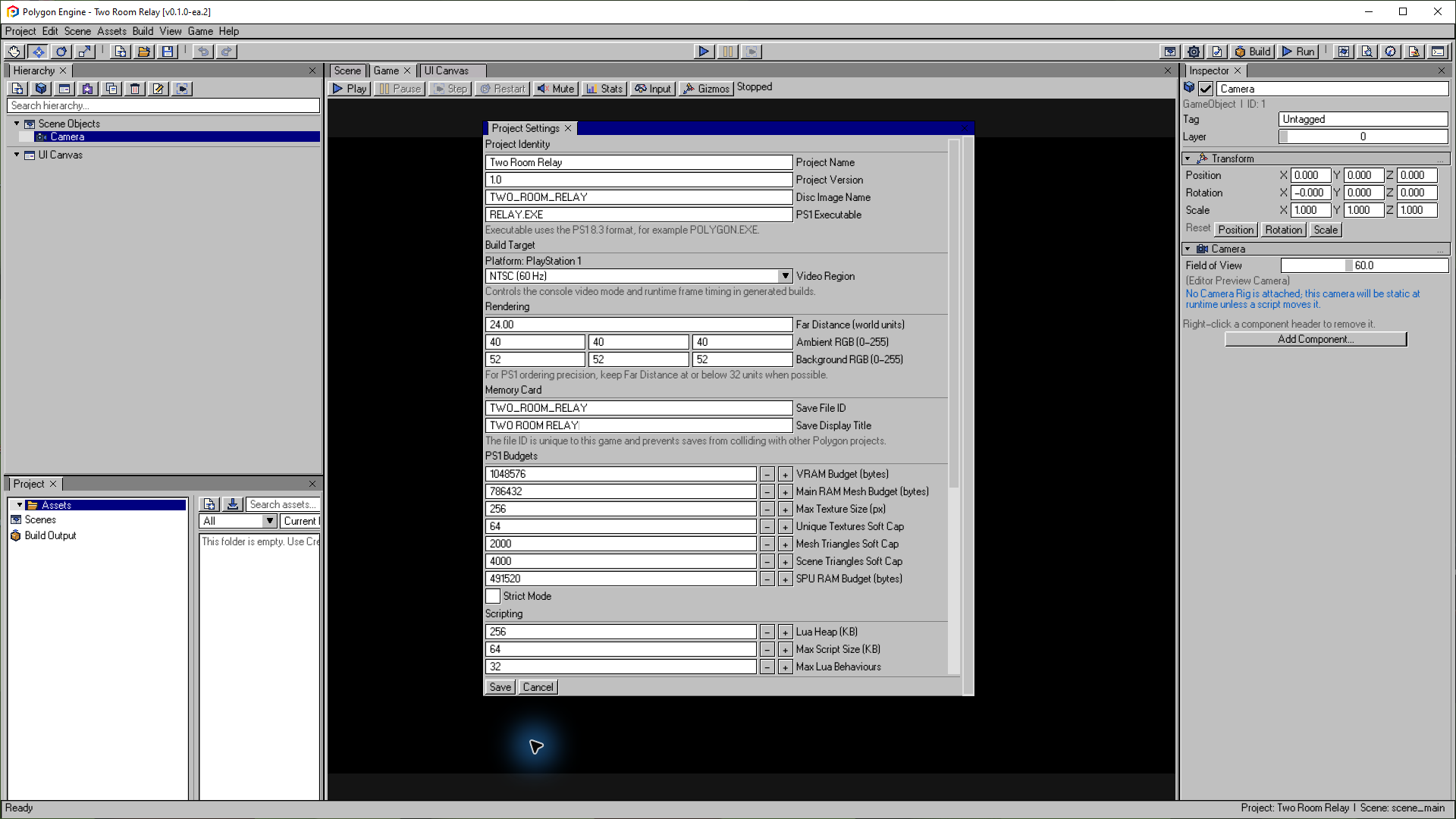 Two Room Relay project settings with the PS1 disc name, executable, far distance and memory-card identity