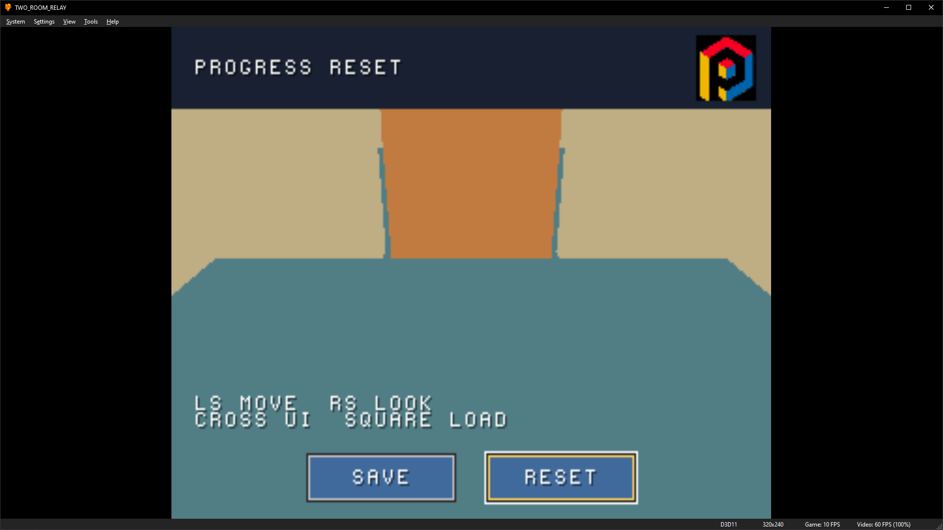 The packaged Two-Room Relay running in DuckStation, with the door closed and the complete HUD visible.