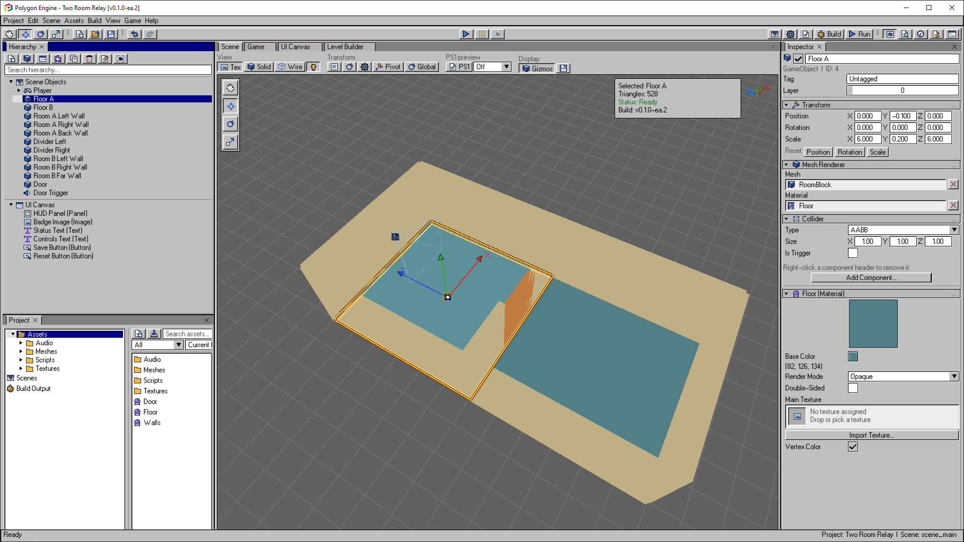 The completed two-room level with Floor A selected in the Inspector.