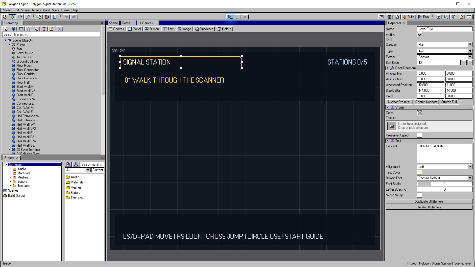 UI Canvas with the Signal Station title selected and its Rect Transform and Text settings visible