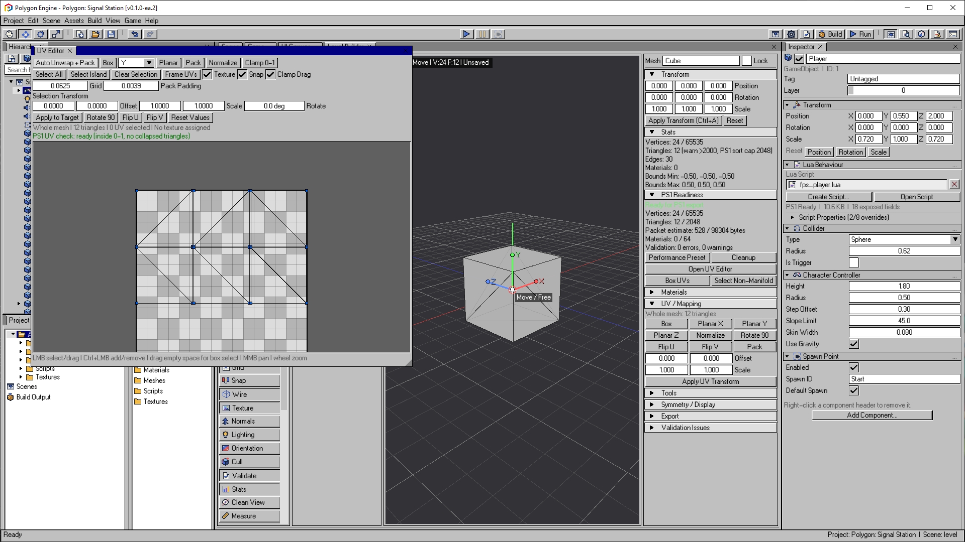 UV Editor showing the six faces of a cube packed inside the UV area