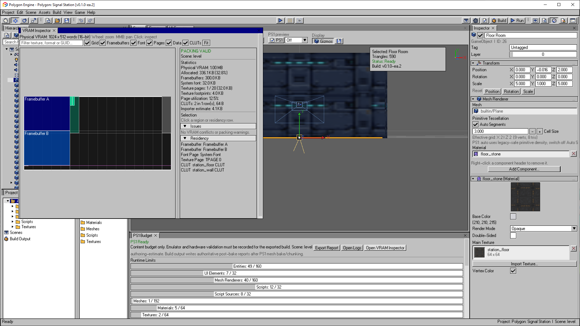 VRAM Inspector with the framebuffer map, texture pages, CLUTs and packing statistics